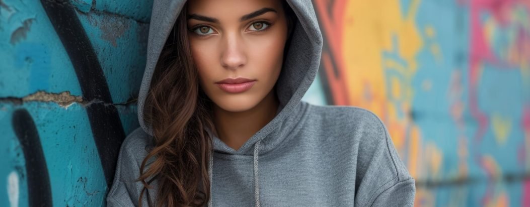 Fashionable Woman Wearing Hoodie On Urban Backdrop, Perfect For Logo Printing. Сoncept Athletic Sportswear, Trendy Street Style, Logo Printed Hoodies, Urban Fashion, Fashionable Women.